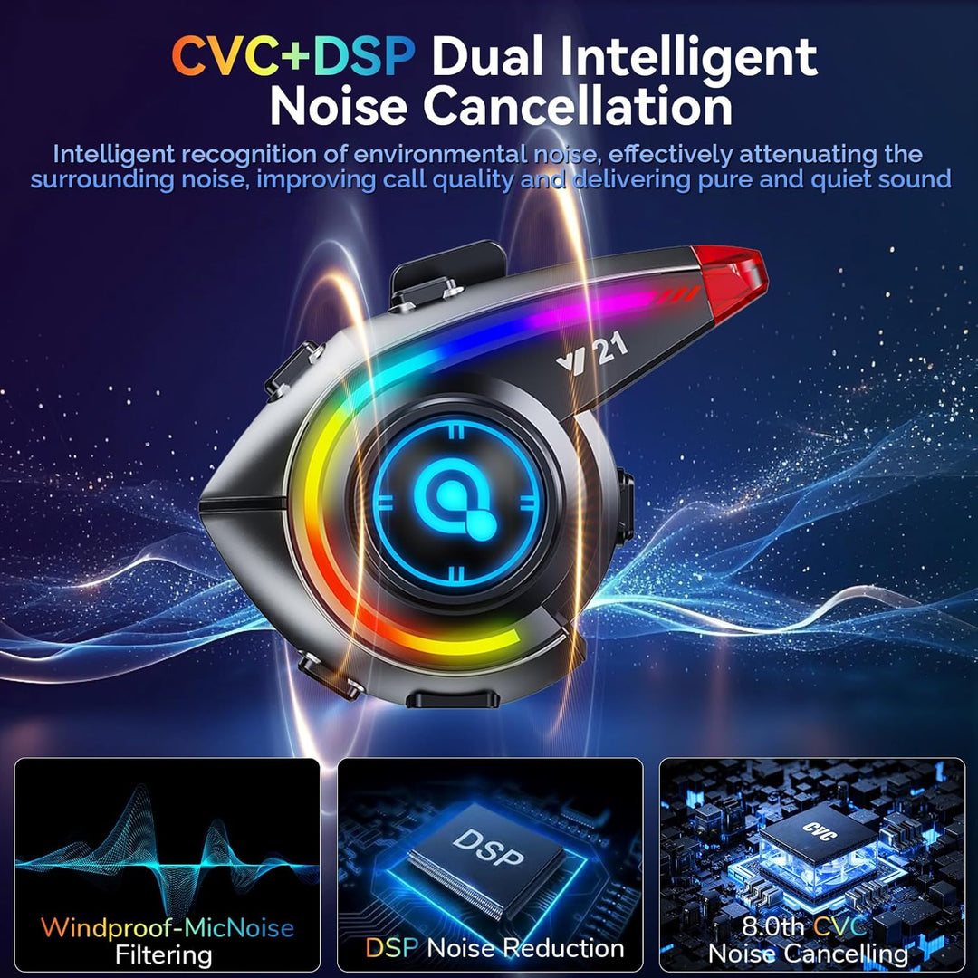 OBEST Motorrad Bluetooth Headset, Motorradhelm Kopfhörer mit LED RGB Schillernde Lichter, IP65 Wasse