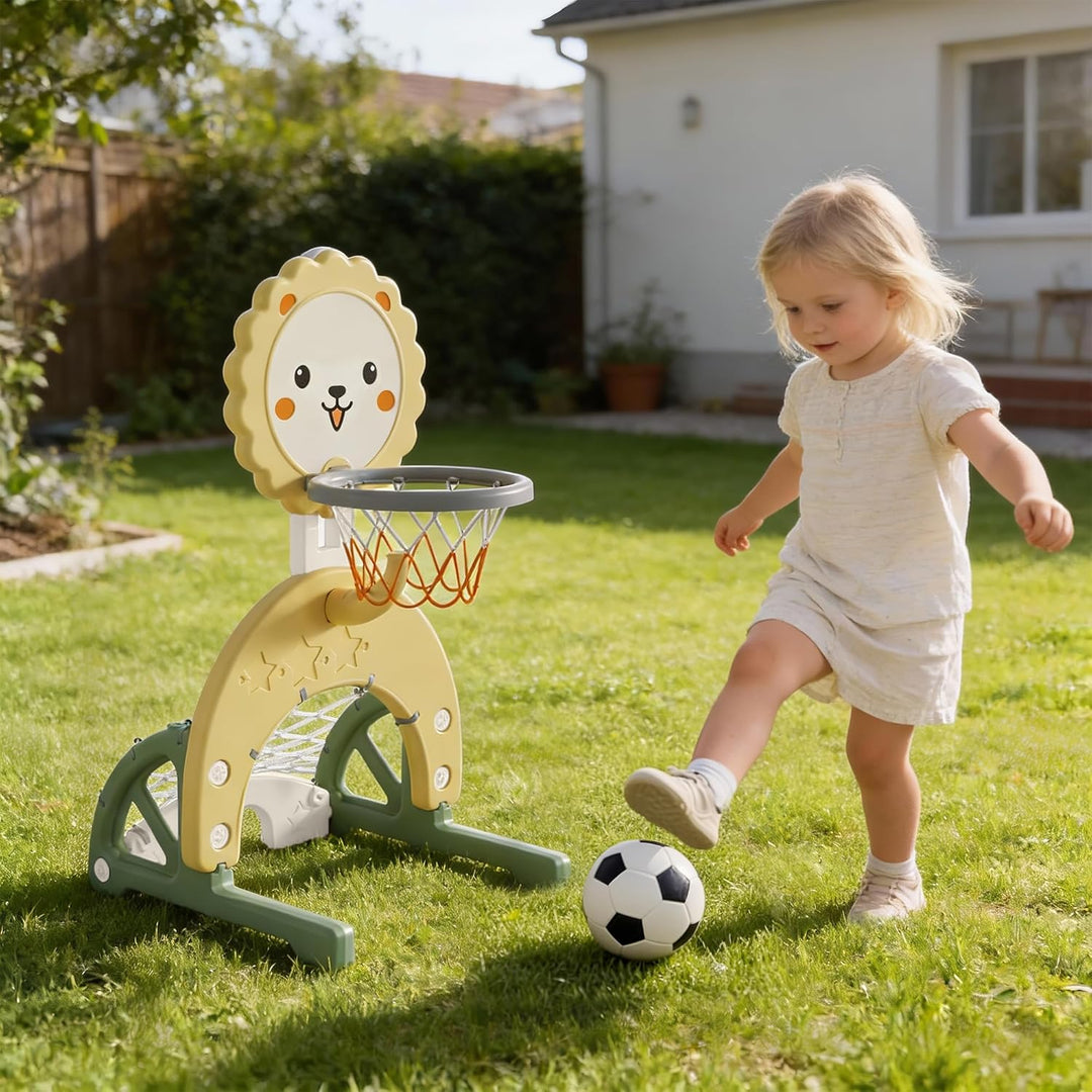 3-in-1 Kinder Basketballkorb Set, Höhenverstellbarer Basketballständer mit Fussballtor und Ringwurf,