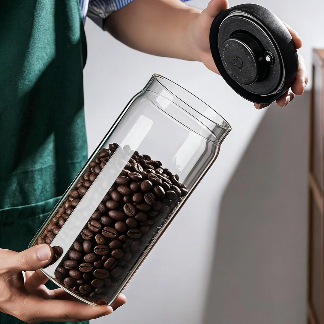 Vakuum-Kaffeedose 1800 ml, Kaffeedose Luftdicht aus Glas, Kaffeebohnenbehalter mit Vakuum Deckel, Au