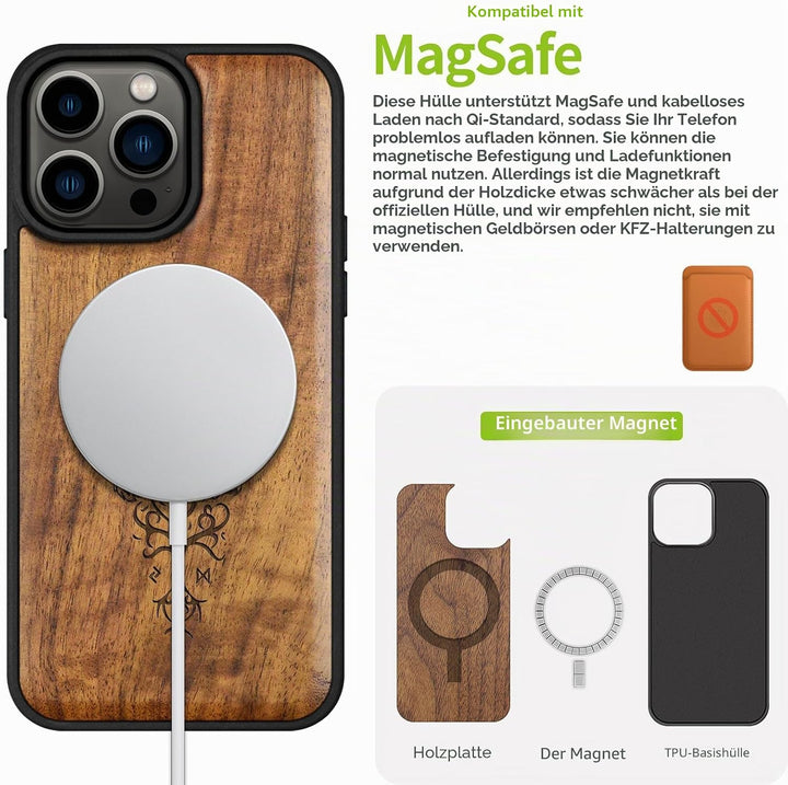 Carveit Holz Cover für iPhone 15 Pro Max hülle, Kompatibel mit Magsafe Silikon Stossfeste Cover, Mag