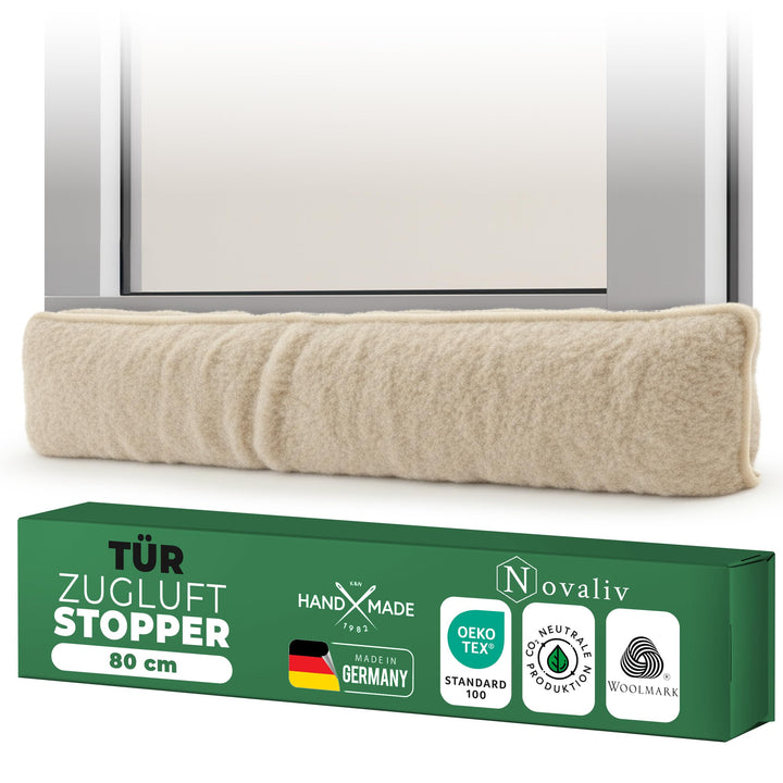 Zugluftstopper für Türen 80cm Natur Schurwolle – stoppt Zugluft & Kälte, dämpft Lärm/Staub/Licht, ru
