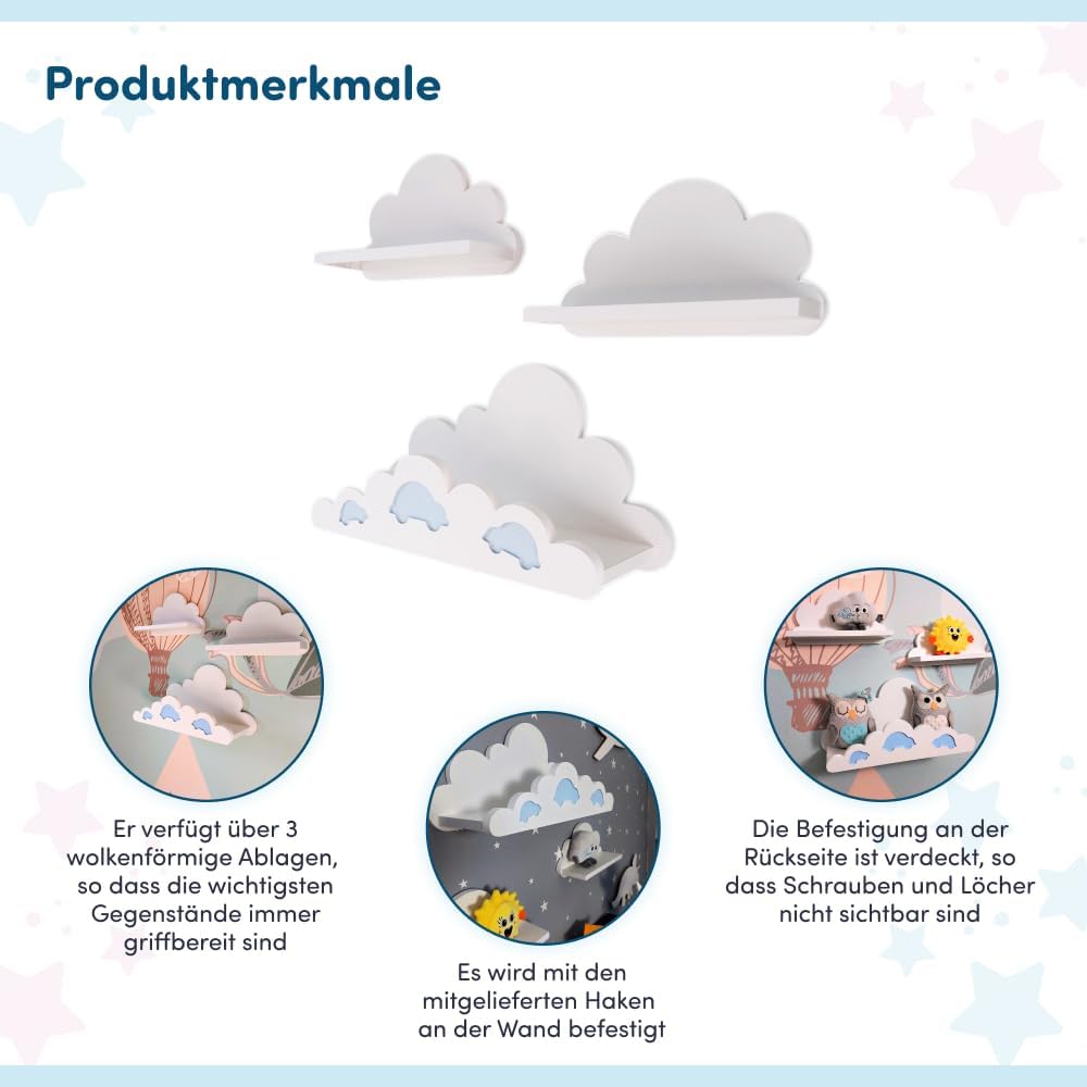 3er Set Wandregal Kinderzimmer Weiss | Babyzimmer Wolkenregal für Bücher, Spielzeug, Dekoration | Re