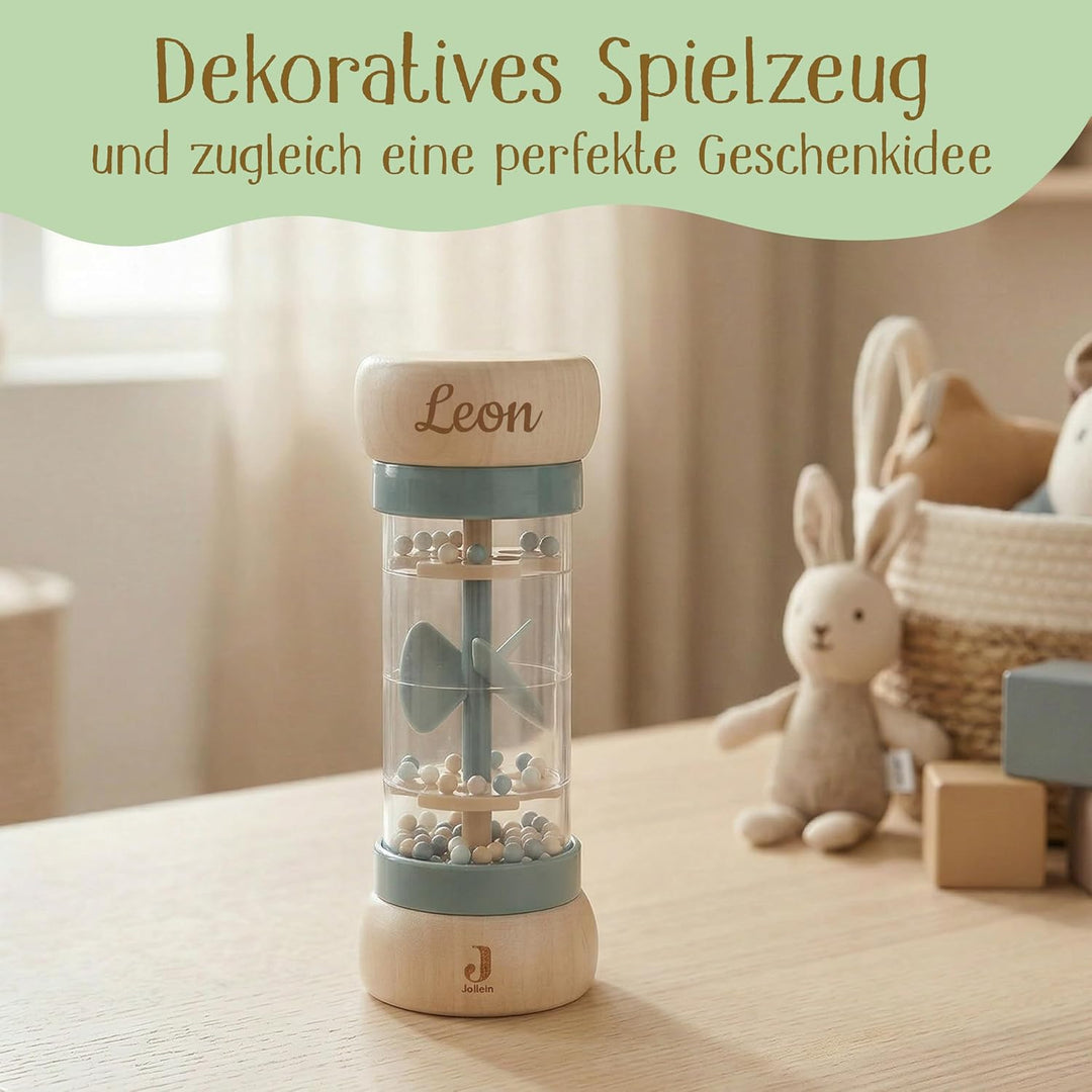 Regenmacher personalisiert mit Name – FSC Holz Baby Rassel ab 3 Monate – Geschenk zur Geburt, Taufe,