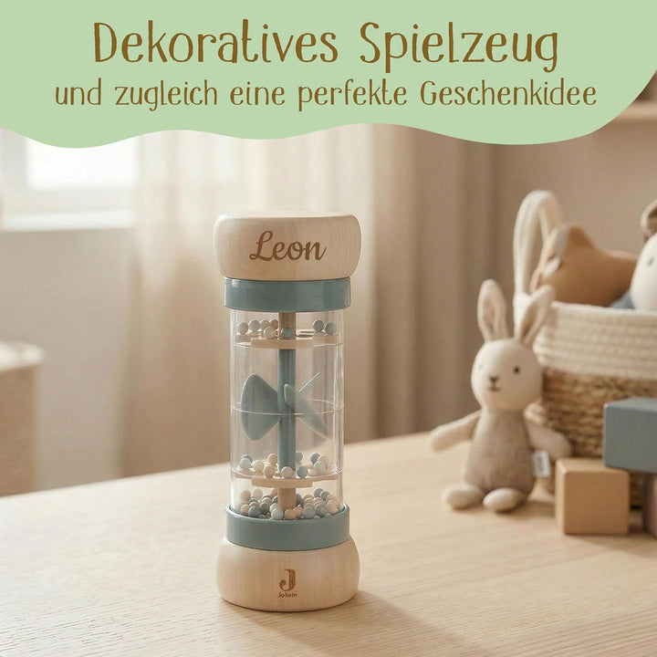 Regenmacher personalisiert mit Name – FSC Holz Baby Rassel ab 3 Monate – Geschenk zur Geburt, Taufe,