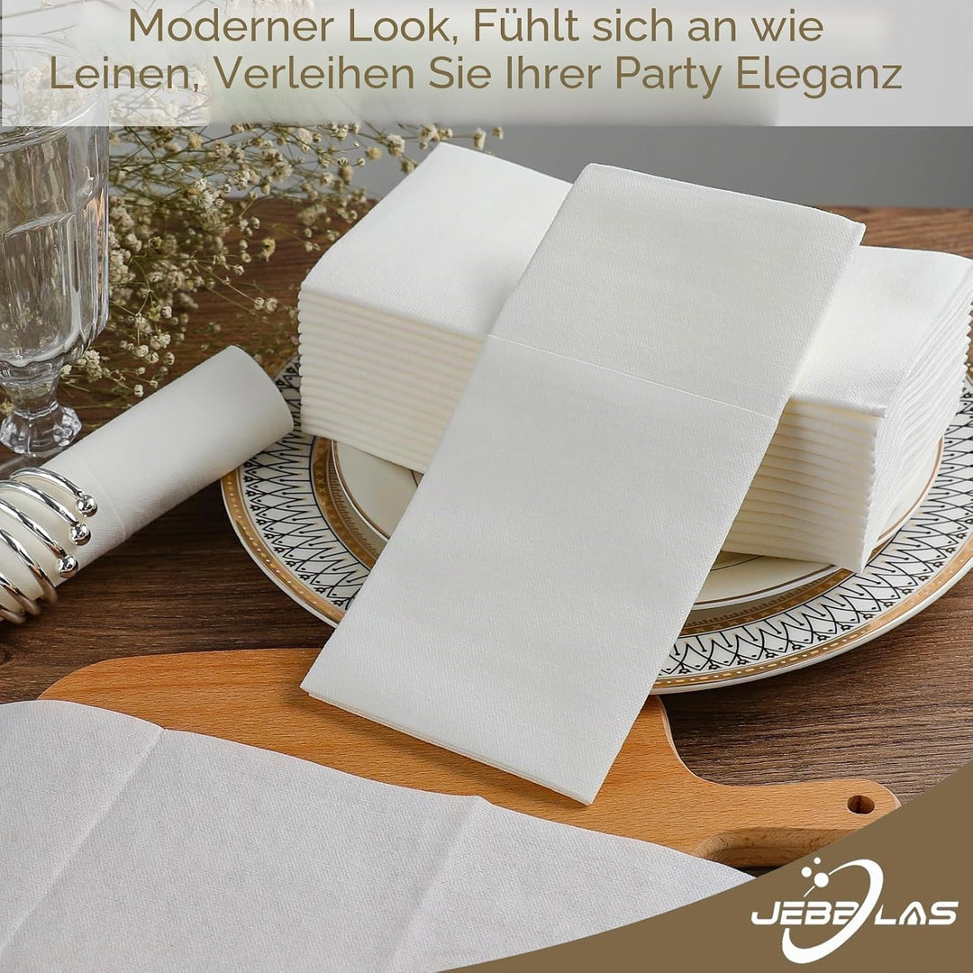 JEBBLAS Einweg-Stoffservietten, integrierte Bestecktasche, Hochzeitsparty, Leinengefühl, weisse Serv