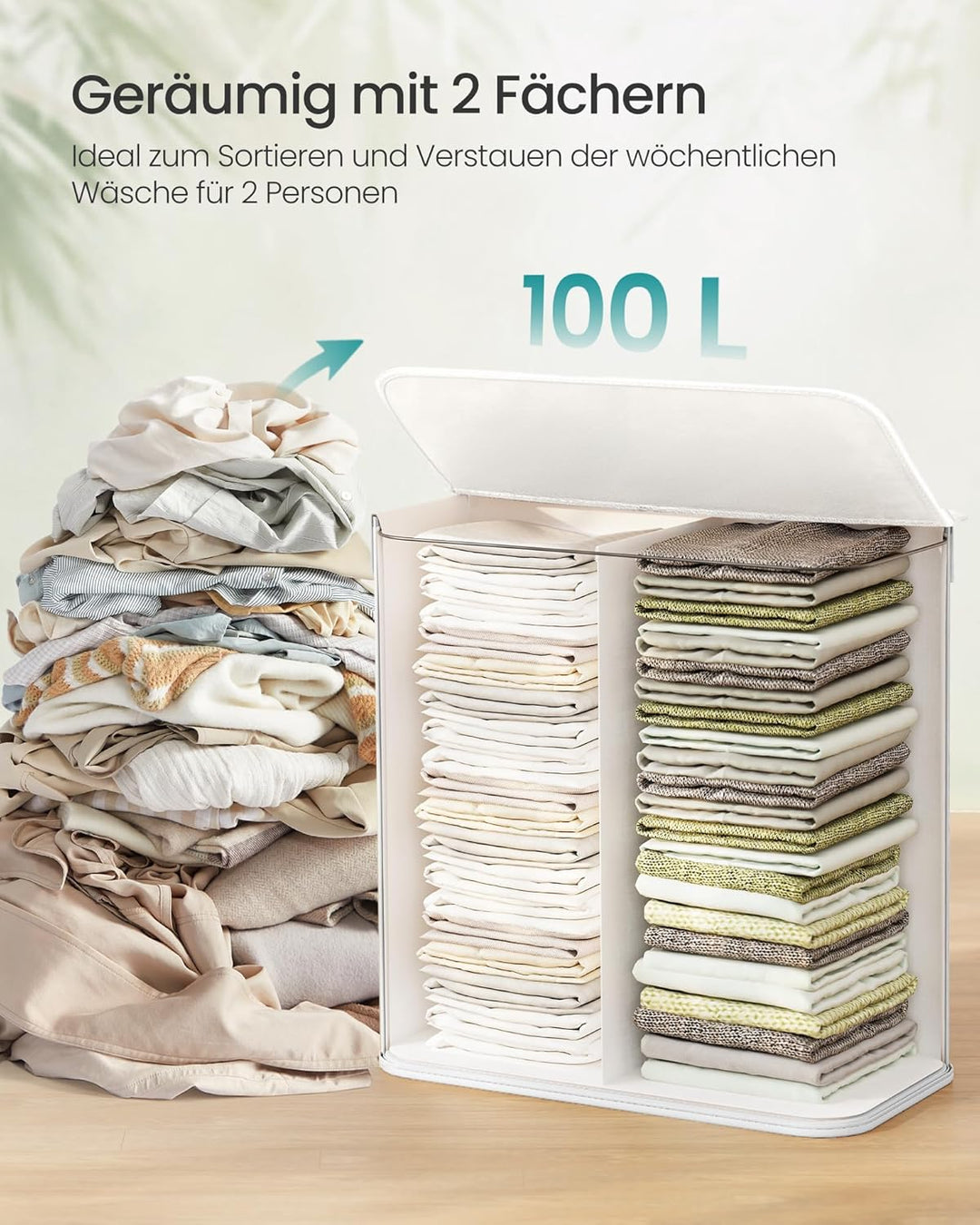 SONGMICS Wäschekorb mit Deckel, Wäschekorb aus Bambus, 2 Sortierfächer, abnehmbarer Beutel, Griffe a