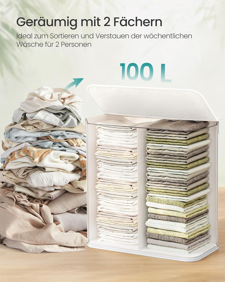 SONGMICS Wäschekorb mit Deckel, Wäschekorb aus Bambus, 2 Sortierfächer, abnehmbarer Beutel, Griffe a