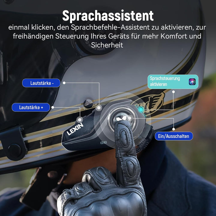 LEXIN G1 Motorrad Bluetooth 5.0 Kopfhörer, Helm Headset für Musik und Navi-Ansage Hören, Freihändige