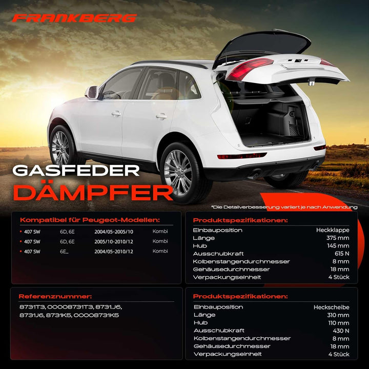 Frankberg 4x Gasfeder Dämpfer Heckklappe Kompatibel mit 407 SW 6E Alle Motoren Kombi 2004-2010 Repla