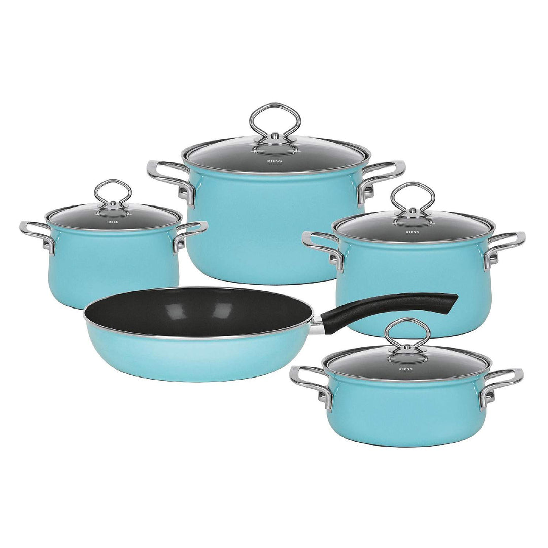 Riess, 0558-037, Emaille-Set, Kochtopf-Set, NOUVELLE KRISTALLBLAU, 5-teilig, Fleischtopf 16 cm, 20 c