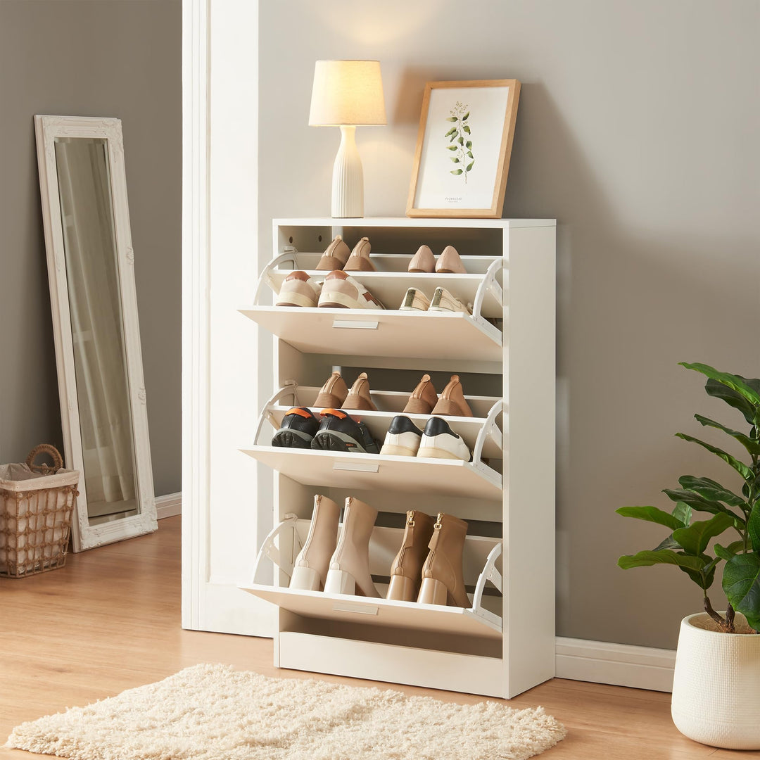 [en.casa] Schuhschrank Sykkylven Schuhkipper mit 3 Klappen Schuhkommode für 12 Paar Schuhe 103 x 60