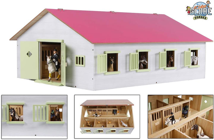Kids Globe Farming Reiterhof rosa Bauernhof Pferdestall Holz 1:24 mit 7 Boxen, Spielzeug Pferdehof,