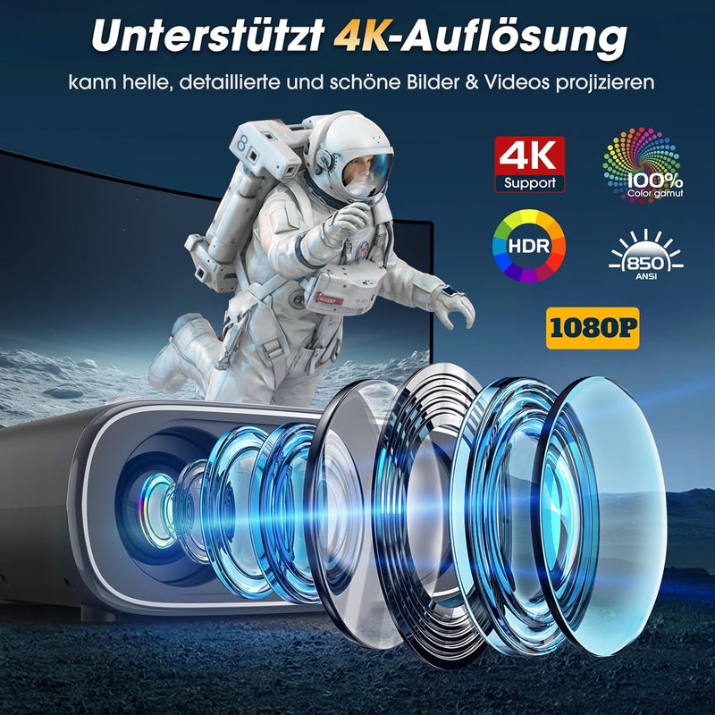 Nigecue Beamer 4K, Autofokus/Elektronische Trapezkorrektur 26000L WiFi6 Bluetooth 1080P Full HD Proj