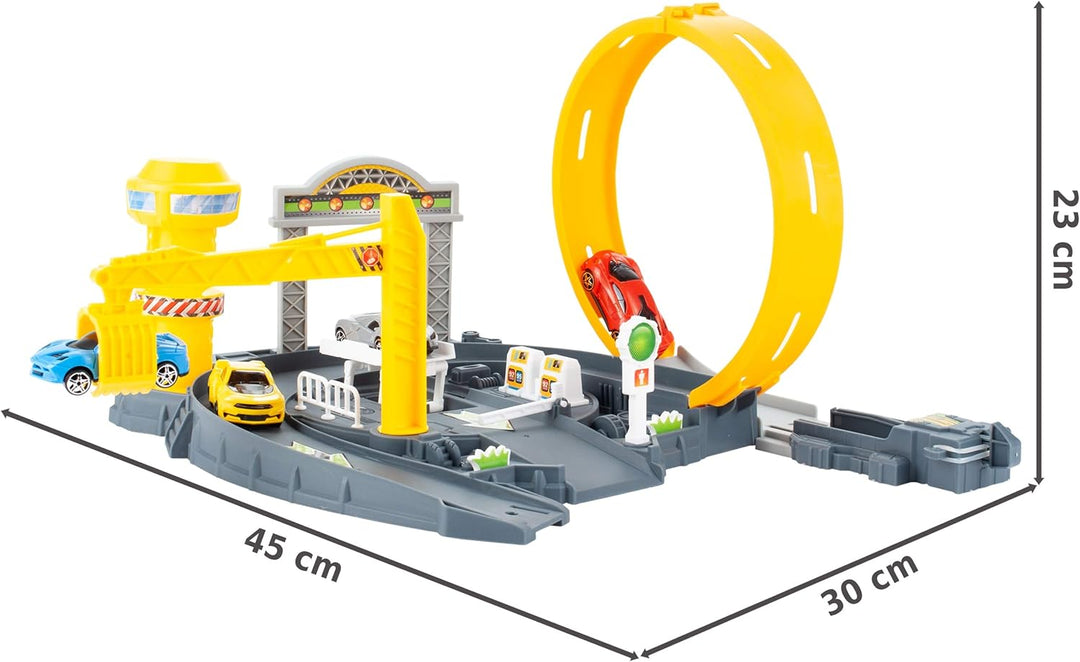 MalPlay Trackset Parkhaus für Kinder mit 4 Spielzeugautos | Rennbahn mit Looping Tracks | ab 3 Jahre