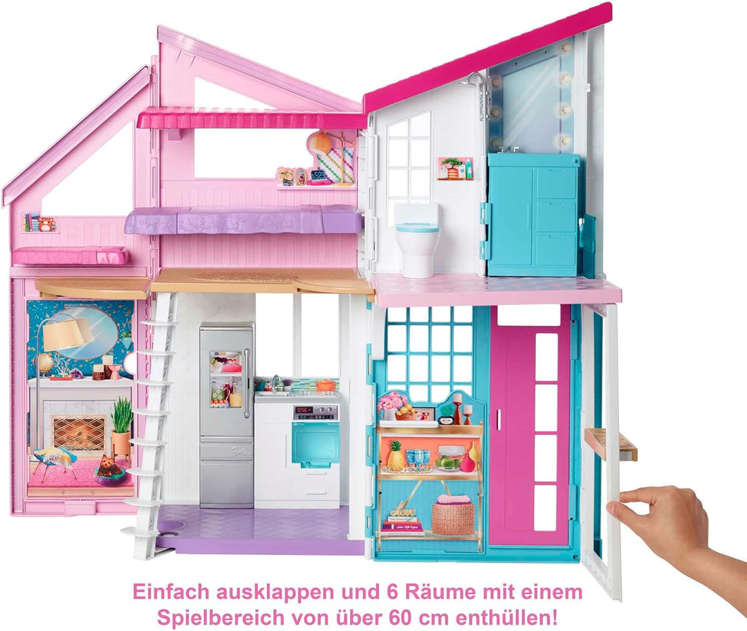 Barbie Malibu Haus, zweistöckige Traumvilla, mit 6 Zimmern, 25+ Barbie Zubehör, ohne Barbie Puppen,