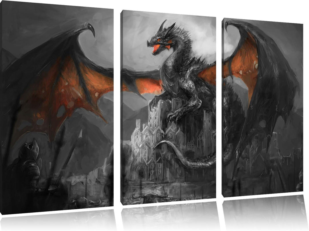 Pixxprint Drache schützend über Burg als Leinwandbild/Grösse: 3 Teilig (120x80 cm) cm/Wandbild/Kunst