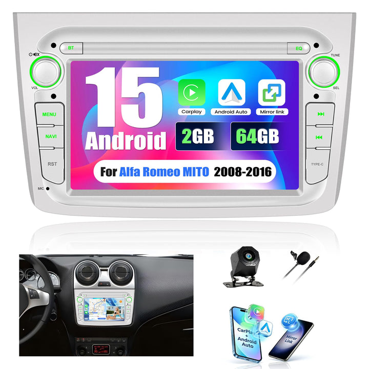 CAMECHO 2G+64G Android 15 Autoradio für Alfa Romeo MITO 2008-2016 mit Navi Carplay Android Auto, 7''