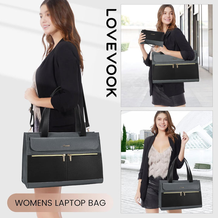 LOVEVOOK Laptop Handtasche Damen Gross, 15,6 Zoll Laptoptasche Elegant Shopper Tasche Damen, PU Lede