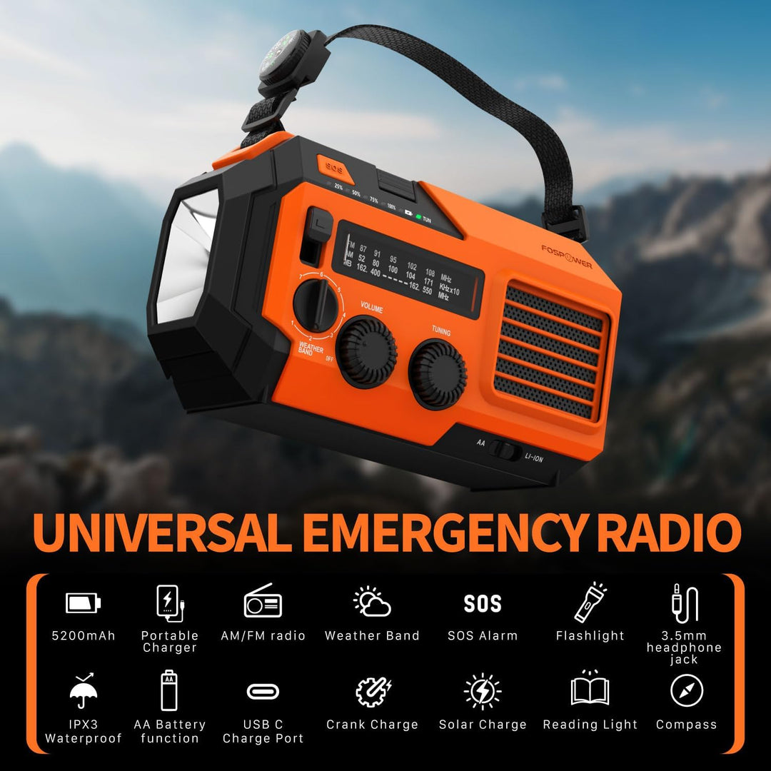 FosPower - Notfallradio NOAA/AM/FM mit 19240mWh (5200mAh) Tragbare Powerbank - Aufladung per USB/Sol