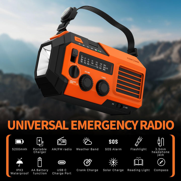 FosPower - Notfallradio NOAA/AM/FM mit 19240mWh (5200mAh) Tragbare Powerbank - Aufladung per USB/Sol
