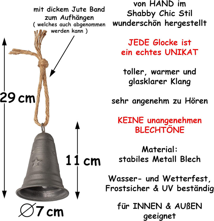 6 Stück Metall Glocken/Klingeln - 11 cm - wetterfest - Winter & Weihnachten - zum Aufhängen & Hintel