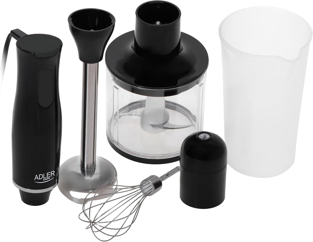 ADLER AD 4620 Stabmixer Set, 800W, 2 Geschwindigkeitsstufen, mit Schneebesen und Messbecher, Schwarz