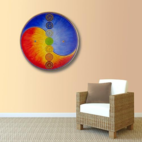 Wandbild Yin Yang mit 7 Chakra Symbolen - Grösse 80 cm rund - HANDGEMALT - Acrylfarbe auf Leinwand -