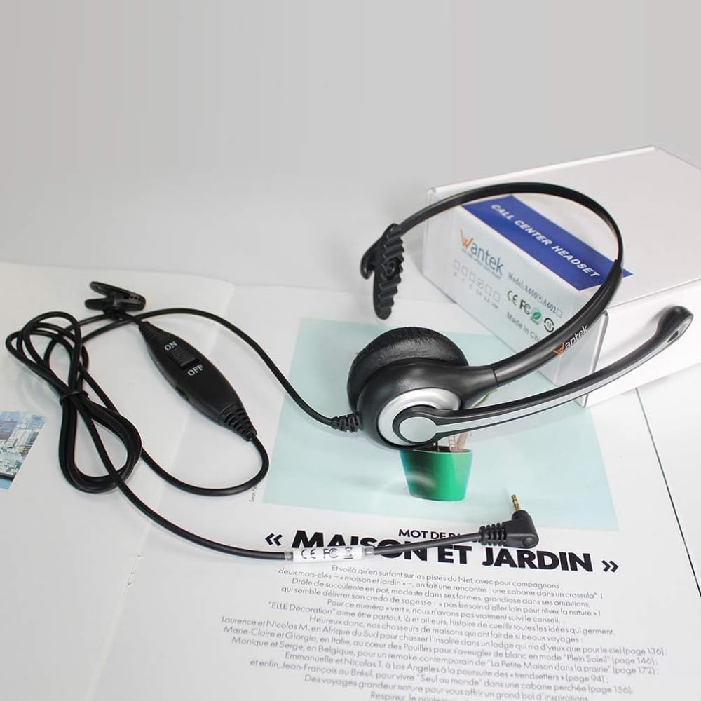 Wantek 2,5mm Klinke Headset Telefon mit Mikrofon Noise Cancelling & Lautstärkeregler, Schnurlos Fest