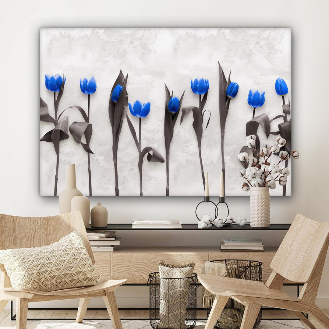 MuchoWow Leinwand Bilder, Einzigartige Wanddeko mit Rahmen, Blumen - Tulpen - Blau, Wandbilder Wohnz