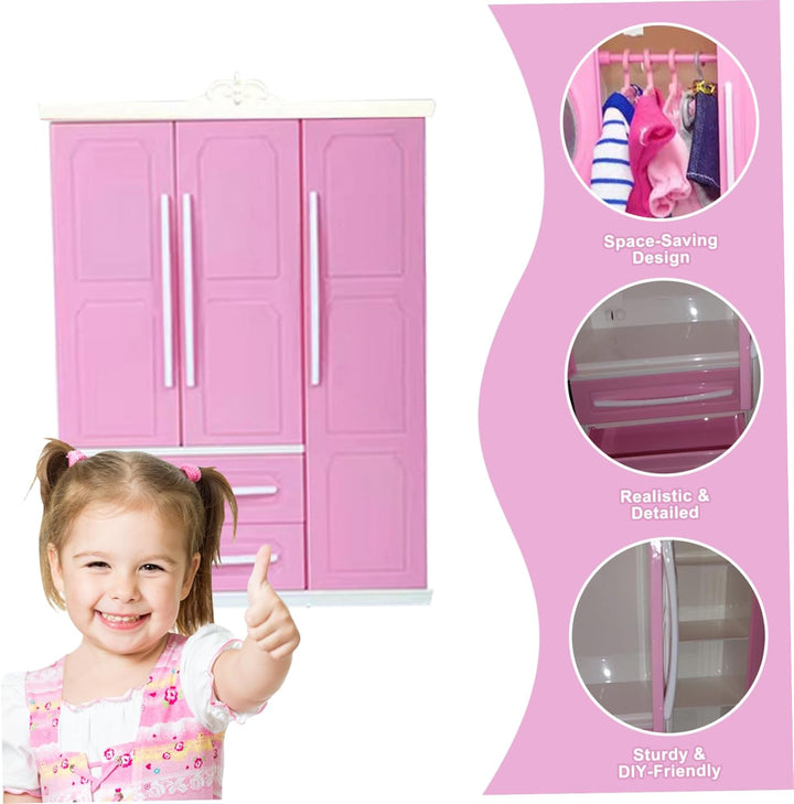 Puppenschrank, 3 Türen, 2 Schubladen, Puppenhaus-Garderobe, Puppenhausmöbel mit 10 Kleiderbügeln für