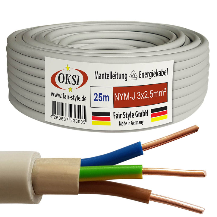 OKSI 25m NYM-J 3x2,5 mm² Mantelleitung Feuchtraumkabel Elektrokabel Kupfer Made in Germany 25 m NYM-