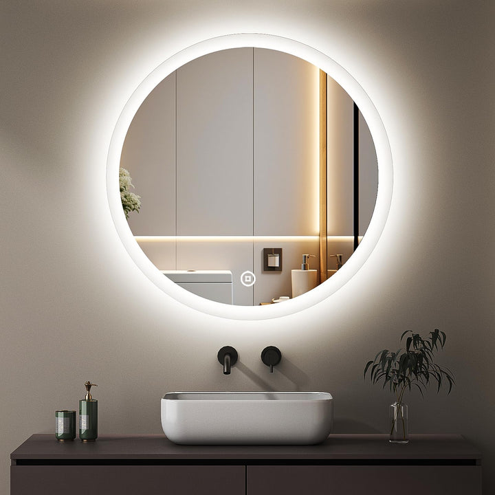 Boromal LED Badspiegel mit Beleuchtung 60x60cm Rund Badezimmerspiegel 3 Lichtfarbe Dimmbar 3000-6500