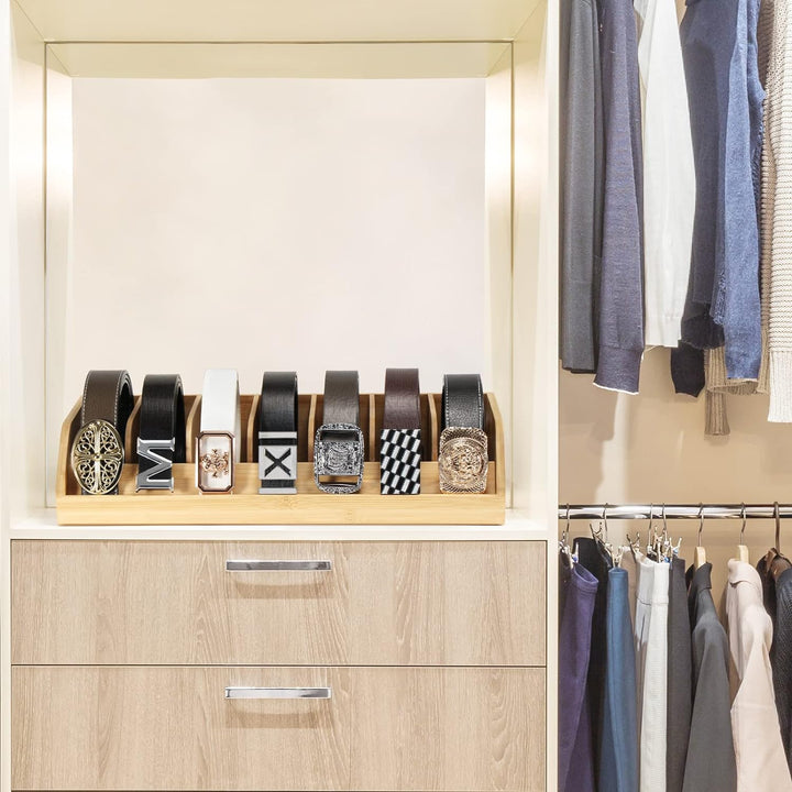 B4Life Gürtel-Organizer, 7 Fächer, Gürtel-Display-Rack für Herren, Bambus-Gürtelhalter für Schrank u