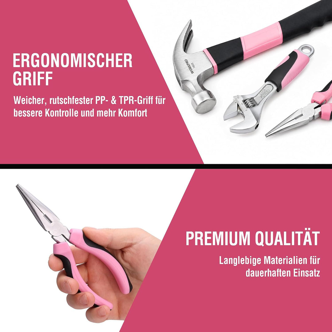WORKPRO Pink Werkzeug Set Rosa 103 teilig Haushalts-Werkzeugsatz Reparatur mit Tasche, Ideal Geschen