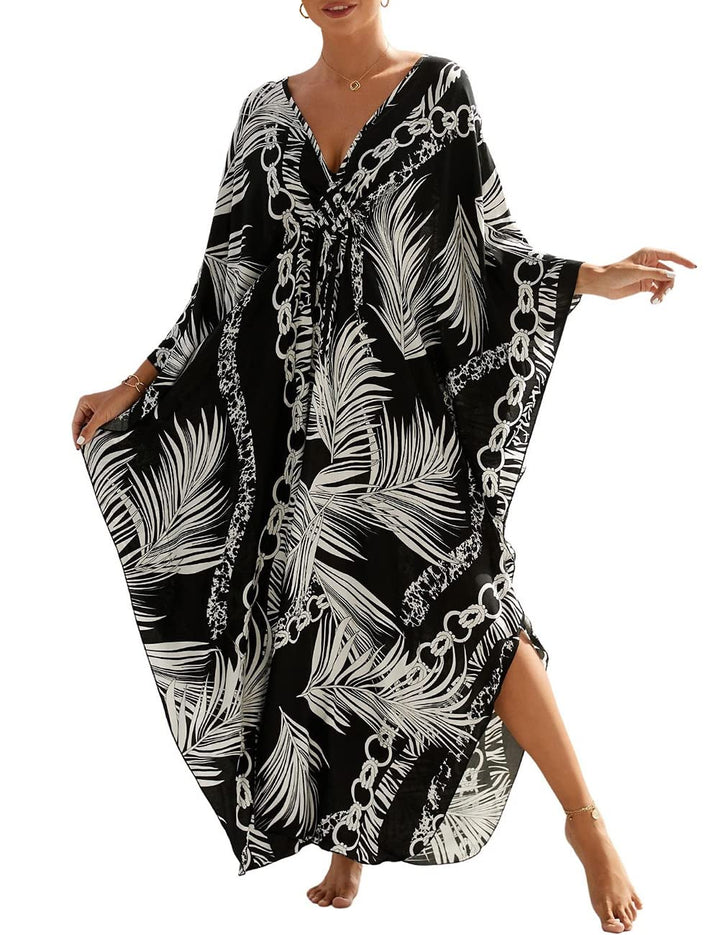 Bsubseach Damen's Print Türkisch Kaftan Beachwear Bikini Cover Up Maxikleid D-schwarzes Laub, D-schw