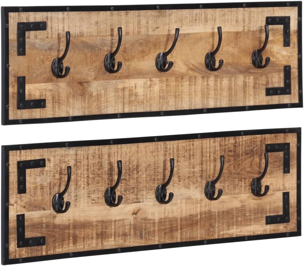 Hothingwell Garderobenständer, Massivholz, 2-teilig, 5 Haken | 80 x 8 x 25 cm, ungeschliffenes Mango