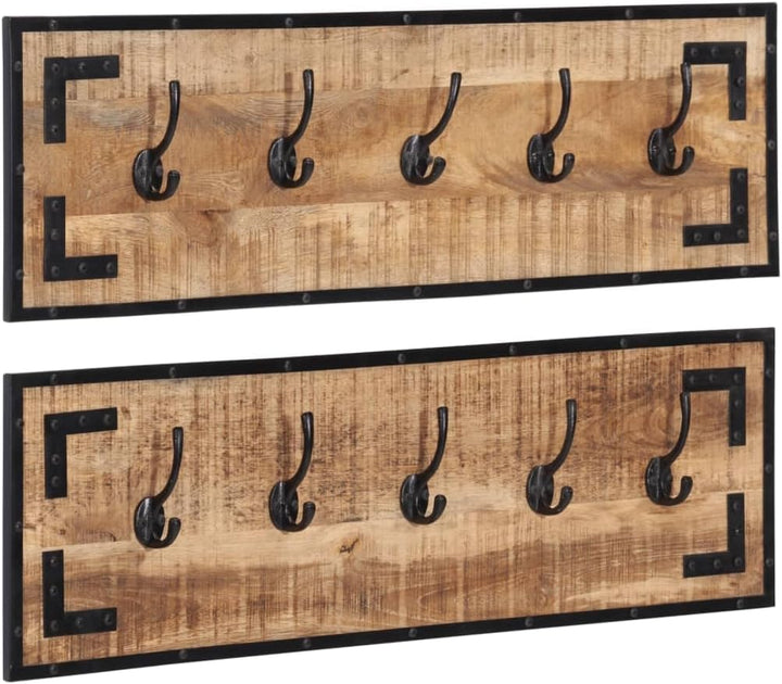 Hothingwell Garderobenständer, Massivholz, 2-teilig, 5 Haken | 80 x 8 x 25 cm, ungeschliffenes Mango