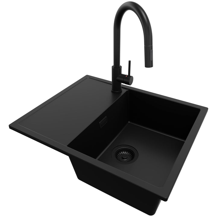 PRIMAGRAN Granitspüle Alles Schwarz 62x50cm, Spülbecken 1 Becken + Küchenarmatur 40x20cm + Ablauf-Se