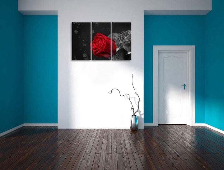 rote Rosen zum Valentinstag schwarz/weiss 3-Teiler Leinwandbild 120x80 Bild auf Leinwand, XXL riesig