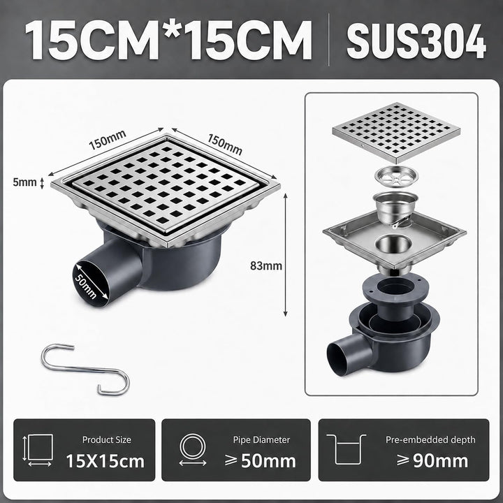 Duschrinne Quadratisch Edelstahl Bodenablauf mit 360° Siphon Geruchsstop, 15x15CM Bodenablauf Dusche