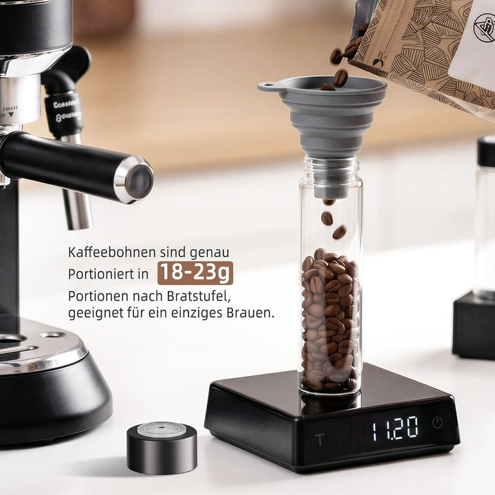 Kaffeebohnen Behälter 6er Einzeldosis Glas Kaffeedose luftdicht mit Einwegventil, Massivholz Sockel,
