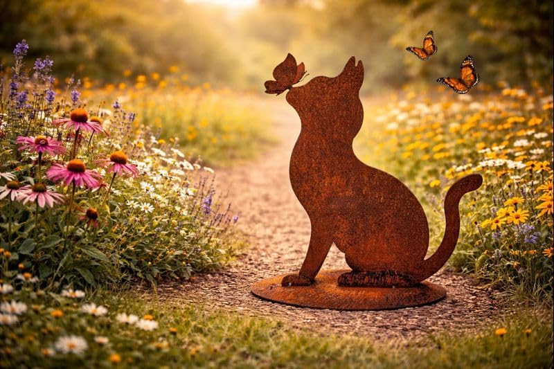 Bornhöft Gartendeko Gartenstecker Katze mit Schmetterling, Edelrost Rost-Optik Metallfigur, Gartensk