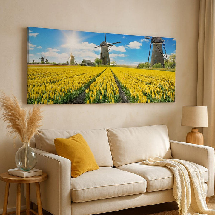 ARTTOR Wandbilder Dekoration Wohnzimmer Tulpen Windmühle Wiese Landschaft Bilder auf Leinwand 120x50