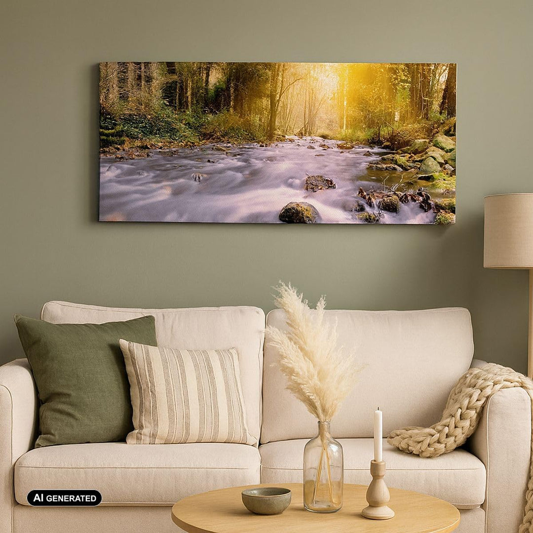 Wandbilder Dekoration Wohnzimmer Herbst Wald Berg Fluss Panorama Bilder auf Leinwand 120x50cm Leinwa