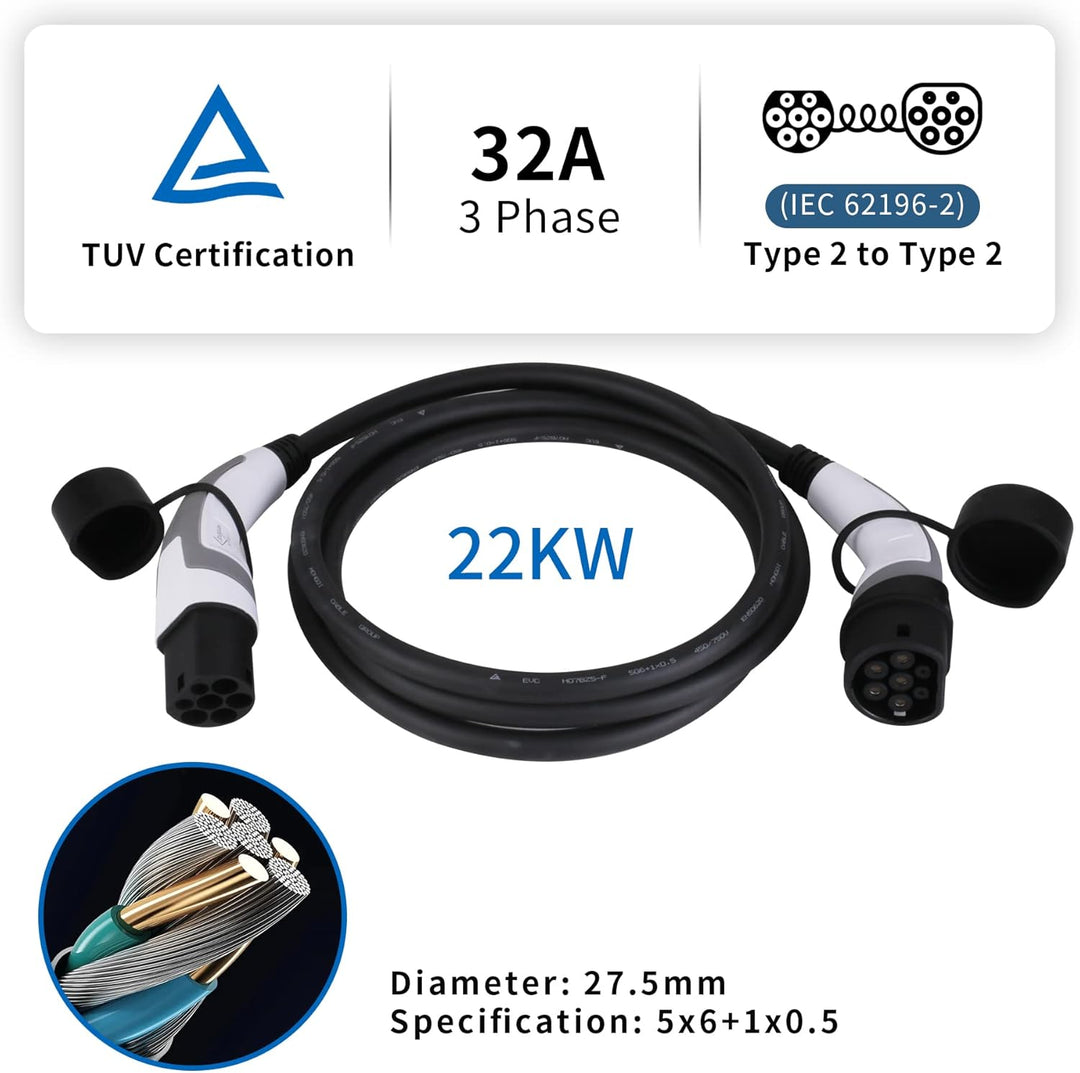 Ladekabel Typ 2 22kW 32A für Hybrid & Elektroauto | 3 phasig | 3 Meter Typ 2 Ladekabel, Ladekabel El