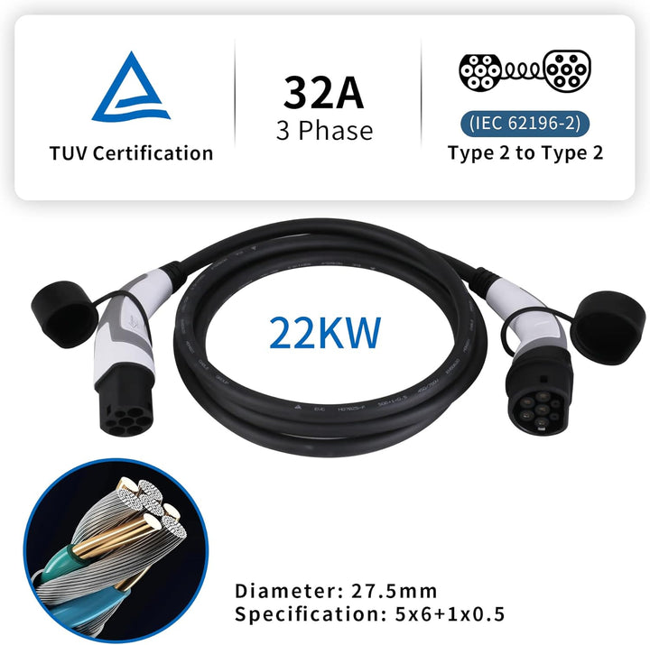 Ladekabel Typ 2 22kW 32A für Hybrid & Elektroauto | 3 phasig | 3 Meter Typ 2 Ladekabel, Ladekabel El