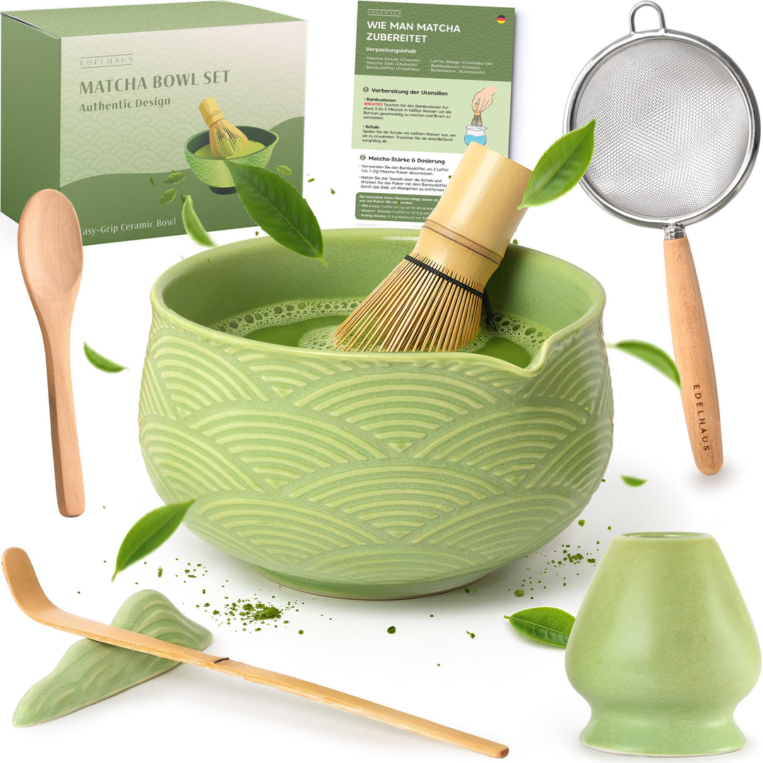Matcha Set (7 Teilig) Matcha Schale mit Besen, Sieb, Löffel - Einzigartiges Design Ceremonial Grade
