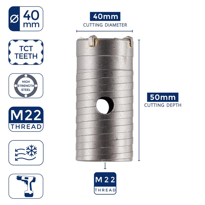 Rennie Tools – 40 mm TCT-Kernbohrer, Wolframkarbid-Spitze, für Beton, Mauerwerk, Ziegel, Porenblock
