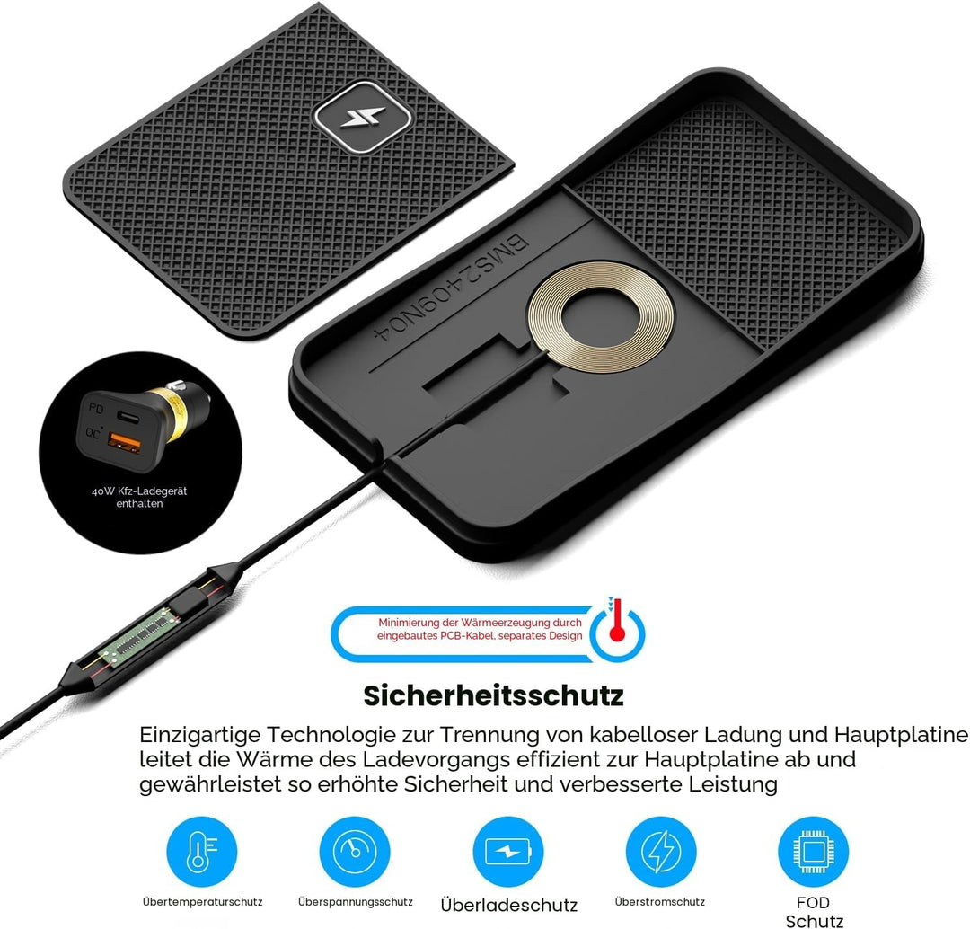 Polmxs Induktives Laden Auto, 15W Schnelles Kabelloses Ladepad Auto rutschfeste Induktive Ladestatio