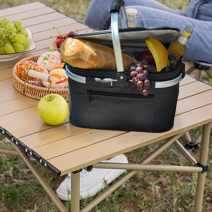 Faltbarer Einkaufskorb Schwarz, Grosser Picknickkorb mit gepolsterten Griffe, praktischer Faltkorb,